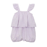 The Mabel and Honey Sugar Plum Sleeveless Romper is a bubble fit romper for baby girls, featuring ruffled straps, an overlay top, and a light lavender gingham pattern with elasticized leg openings for comfort.