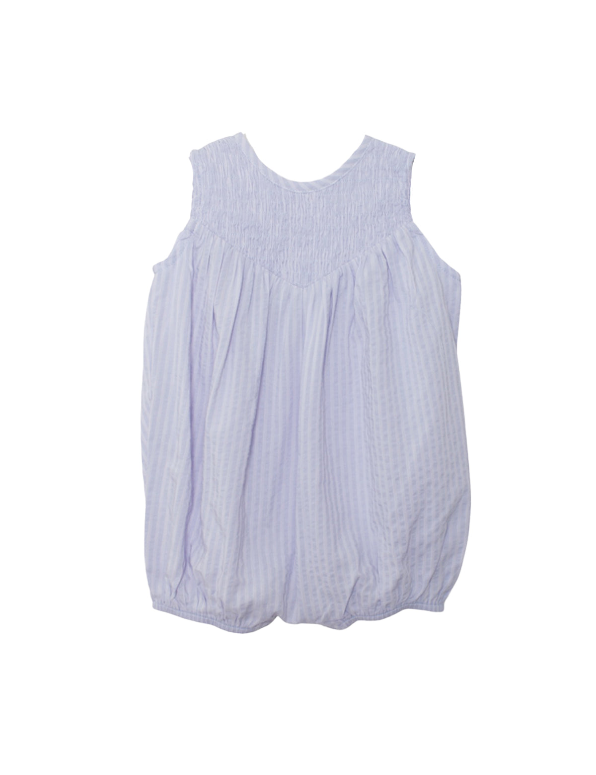 The Magnolia Sleeveless Romper by Mabel and Honey features light purple and white vertical stripes, a smocked yoke, and a gentle bubble silhouette. Shown on a white background.