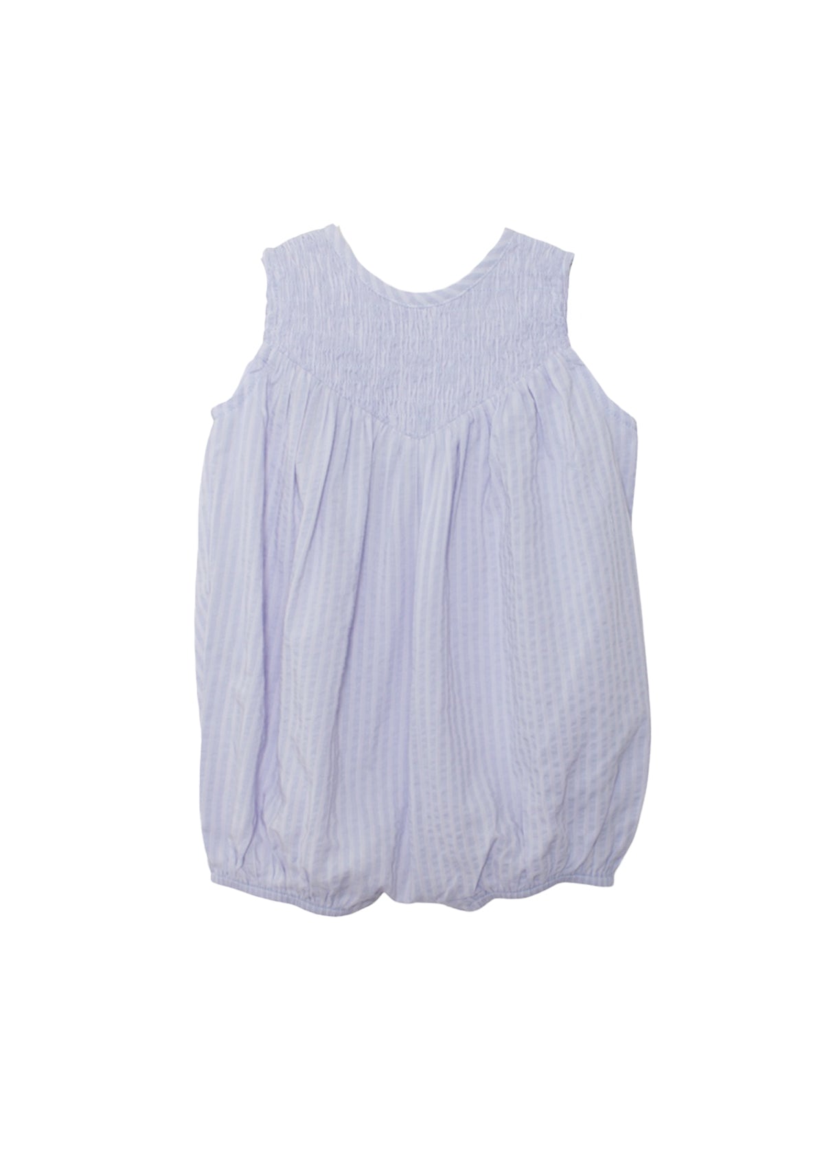 The Magnolia Sleeveless Romper by Mabel and Honey features light purple and white vertical stripes, a smocked yoke, and a gentle bubble silhouette. Shown on a white background.