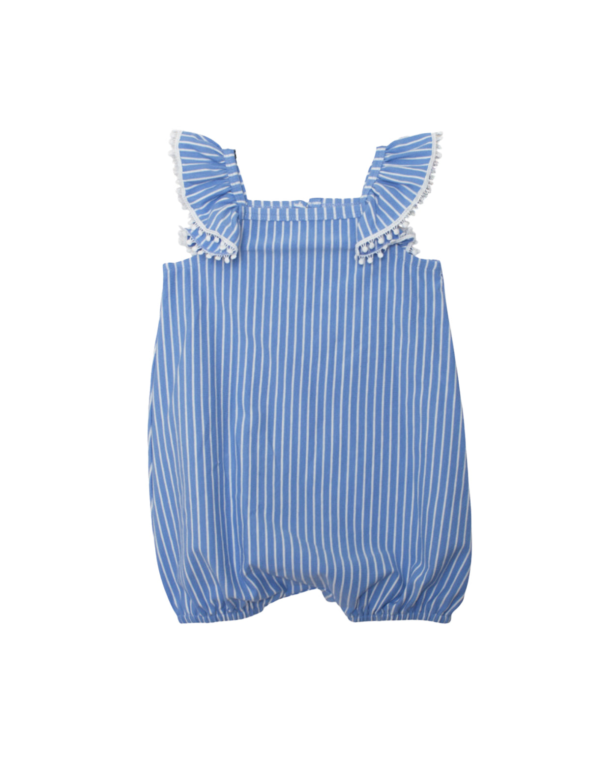 The Piper Ruffled Tank Romper by Mabel and Honey features blue and white stripes, ruffled shoulder straps with white lace trim, and elastic leg openings, shown on a white background.