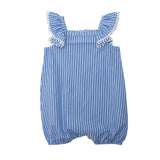 The Piper Ruffled Tank Romper by Mabel and Honey features blue and white stripes, ruffled shoulder straps with white lace trim, and elastic leg openings, shown on a white background.