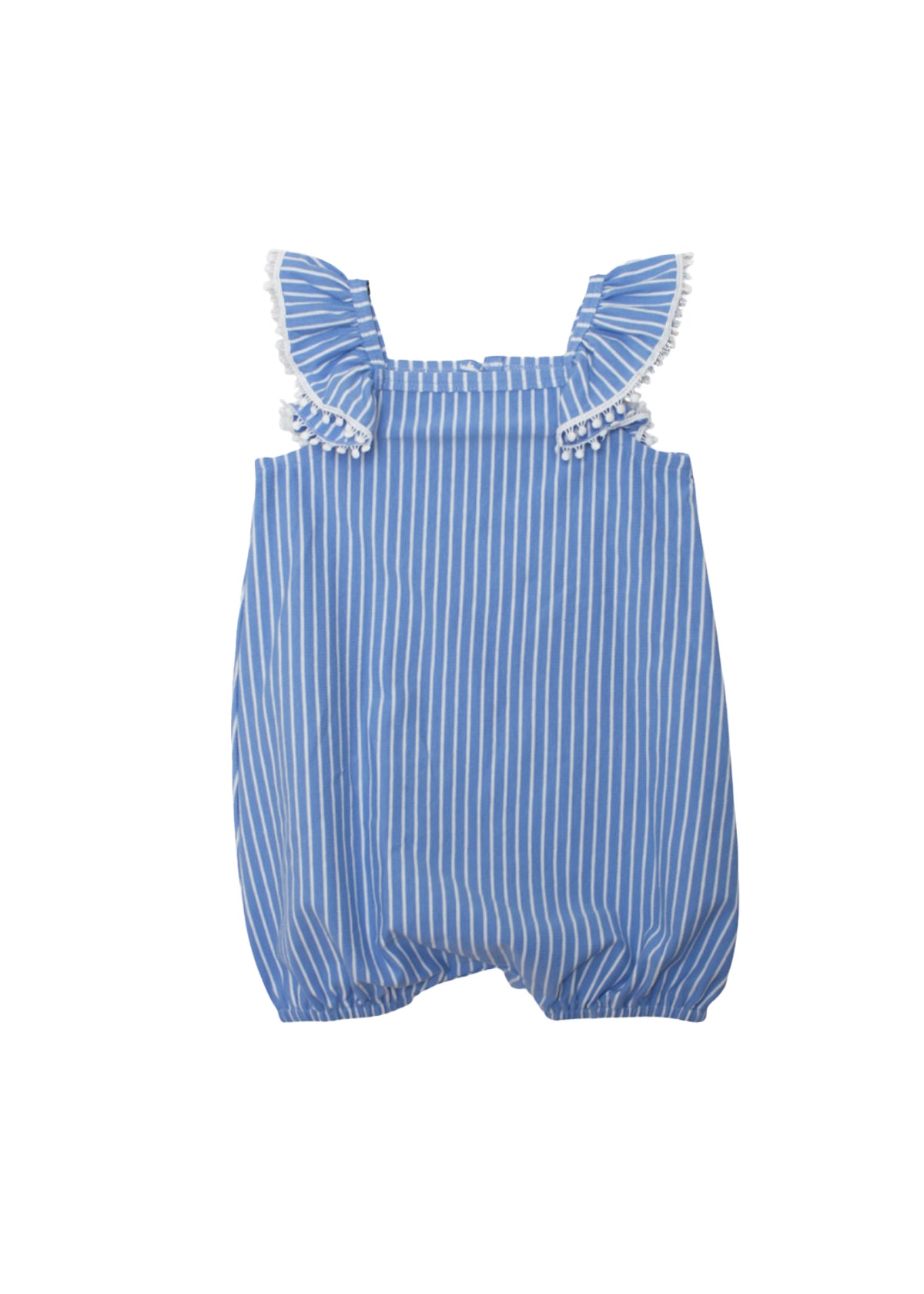 The Piper Ruffled Tank Romper by Mabel and Honey features blue and white stripes, ruffled shoulder straps with white lace trim, and elastic leg openings, shown on a white background.