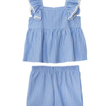 The Piper Ruffled Tank Two Piece Set by Mabel and Honey features a blue and white striped sleeveless top with ruffled shoulder straps, paired with matching elastic waist shorts for children.