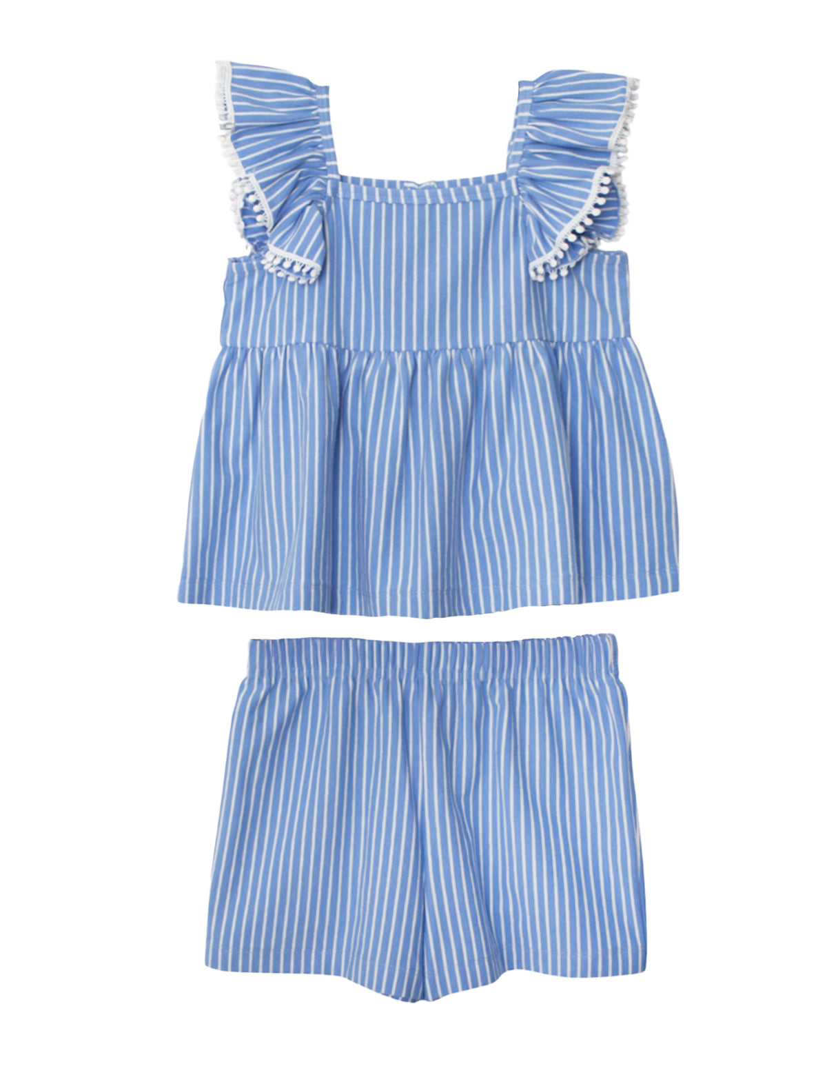 The Piper Ruffled Tank Two Piece Set by Mabel and Honey features a blue and white striped sleeveless top with ruffled shoulder straps, paired with matching elastic waist shorts for children.
