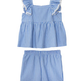 The Piper Ruffled Tank Two Piece Set by Mabel and Honey features a blue and white striped sleeveless top with ruffled shoulder straps, paired with matching elastic waist shorts for children.