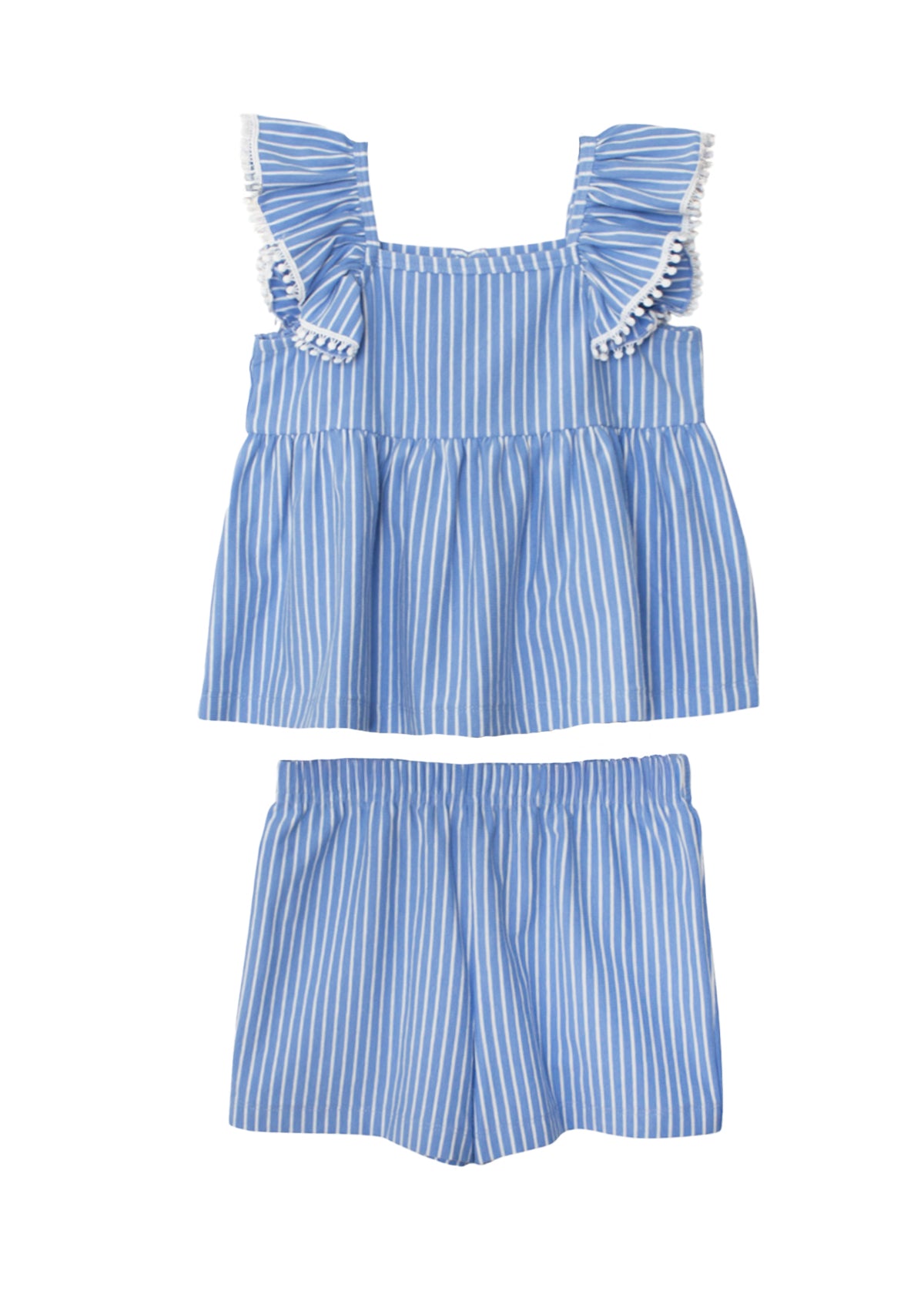 The Piper Ruffled Tank Two Piece Set by Mabel and Honey features a blue and white striped sleeveless top with ruffled shoulder straps, paired with matching elastic waist shorts for children.