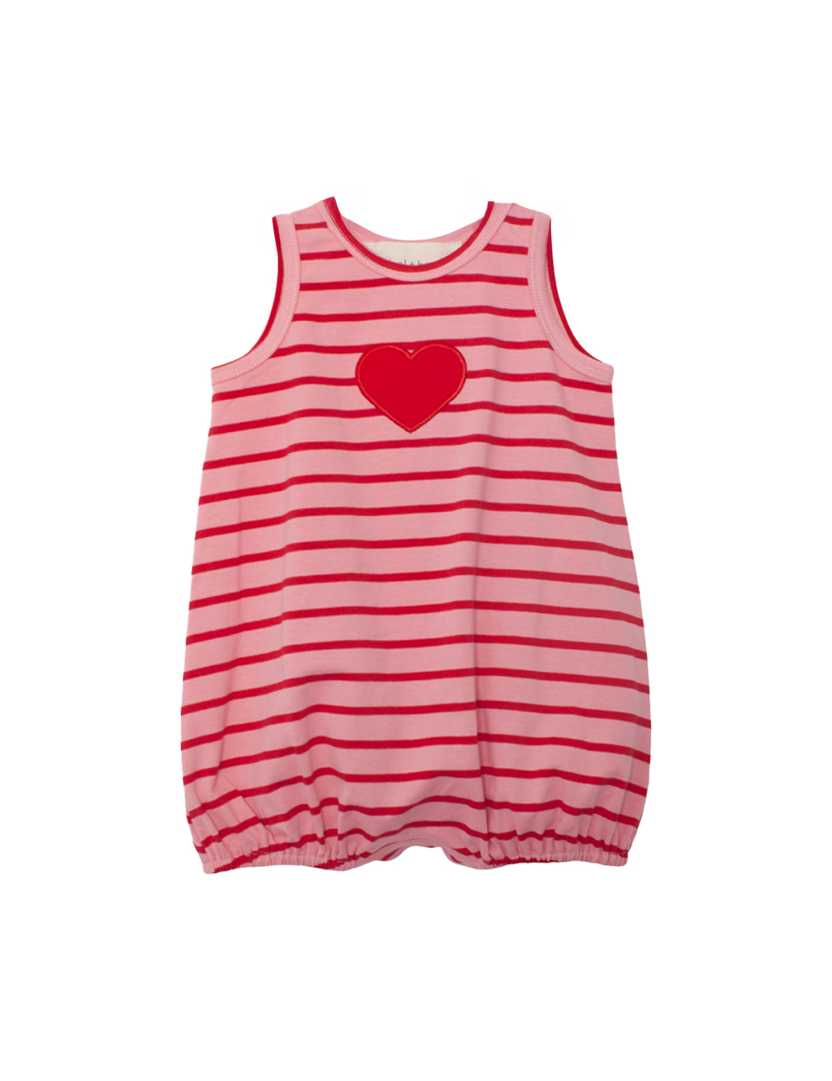 The Sugar Sweet Sleeveless Romper by Mabel and Honey features pink striped fabric, a red heart applique on the chest, and an elasticized bottom hem for a charming gathered look.