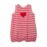 The Sugar Sweet Sleeveless Romper by Mabel and Honey features pink striped fabric, a red heart applique on the chest, and an elasticized bottom hem for a charming gathered look.