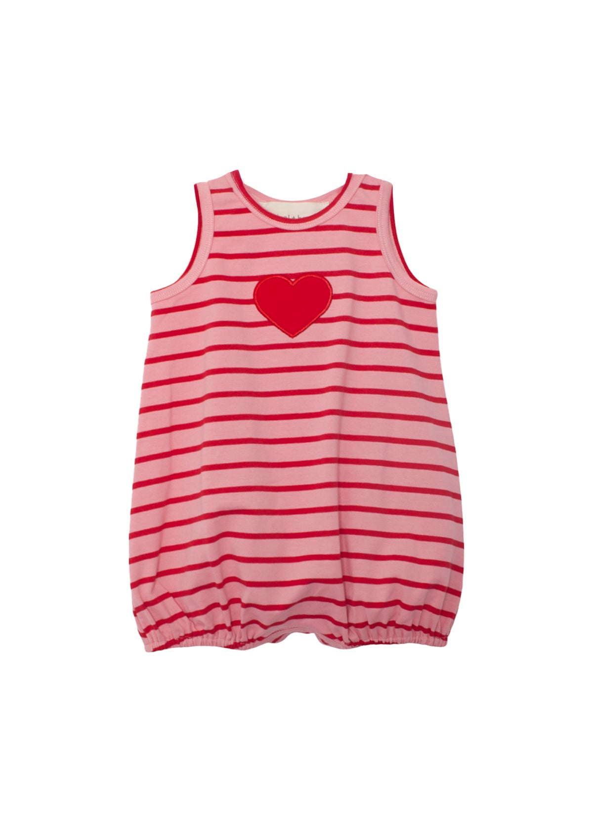 The Sugar Sweet Sleeveless Romper by Mabel and Honey features pink striped fabric, a red heart applique on the chest, and an elasticized bottom hem for a charming gathered look.