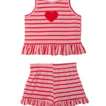 The Sugar Sweet Sleeveless Two Piece Set by Mabel and Honey features a light pink top with red heart applique and ruffled hem, paired with matching ruffle shorts—a sweet, stylish choice for little ones.