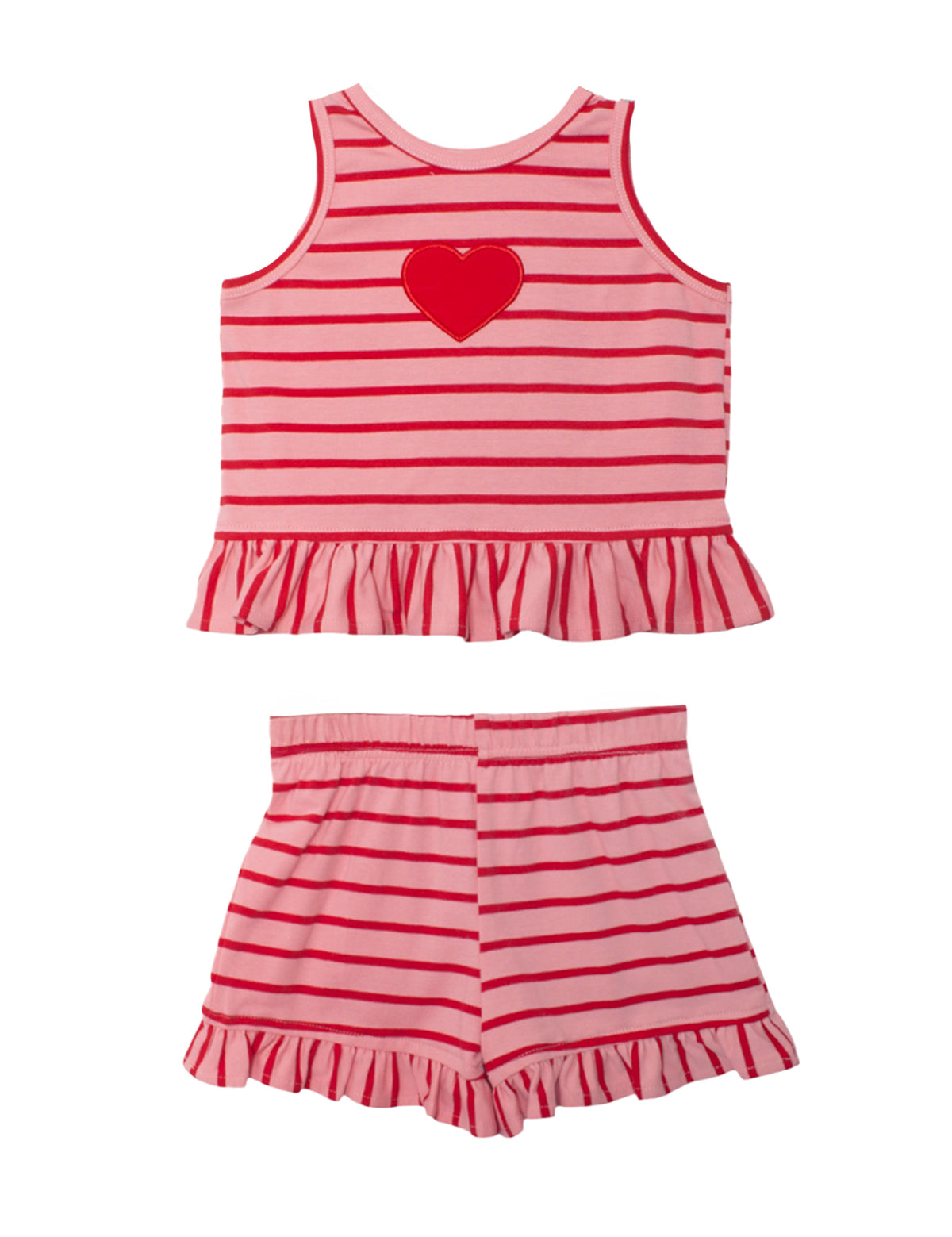 The Sugar Sweet Sleeveless Two Piece Set by Mabel and Honey features a light pink top with red heart applique and ruffled hem, paired with matching ruffle shorts—a sweet, stylish choice for little ones.