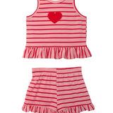 The Sugar Sweet Sleeveless Two Piece Set by Mabel and Honey features a light pink top with red heart applique and ruffled hem, paired with matching ruffle shorts—a sweet, stylish choice for little ones.