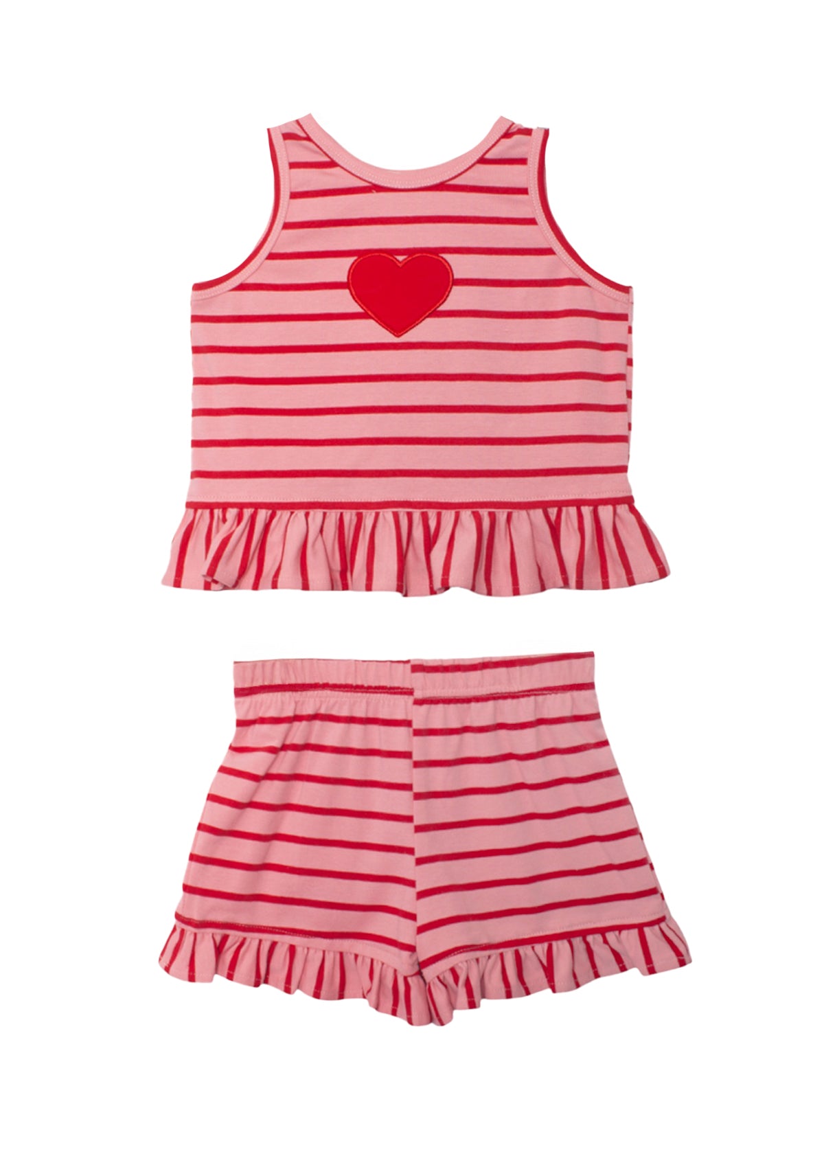 The Sugar Sweet Sleeveless Two Piece Set by Mabel and Honey features a light pink top with red heart applique and ruffled hem, paired with matching ruffle shorts—a sweet, stylish choice for little ones.