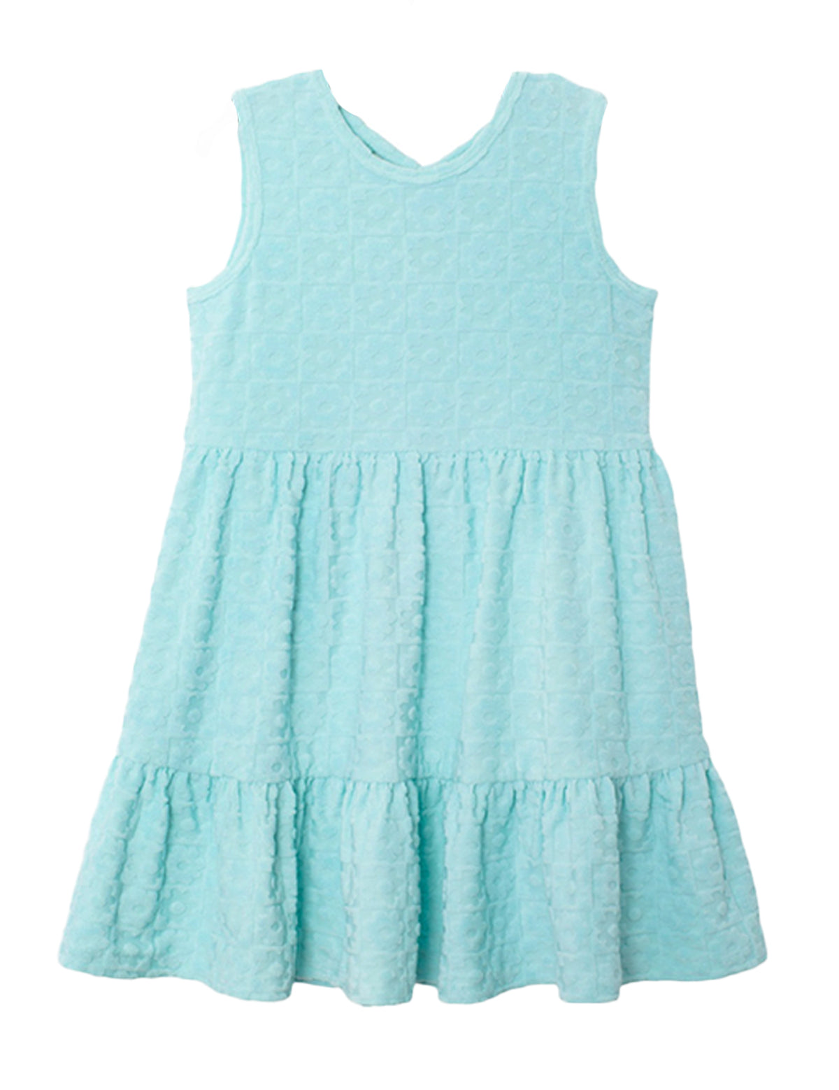 The Queenie Sleeveless Dress by Mabel and Honey features light blue terry cloth with a quilted texture, fitted bodice, and a tiered ruffled skirt—perfect for casual or semi-formal occasions.