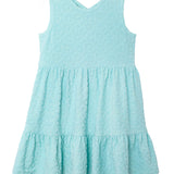 The Queenie Sleeveless Dress by Mabel and Honey features light blue terry cloth with a quilted texture, fitted bodice, and a tiered ruffled skirt—perfect for casual or semi-formal occasions.