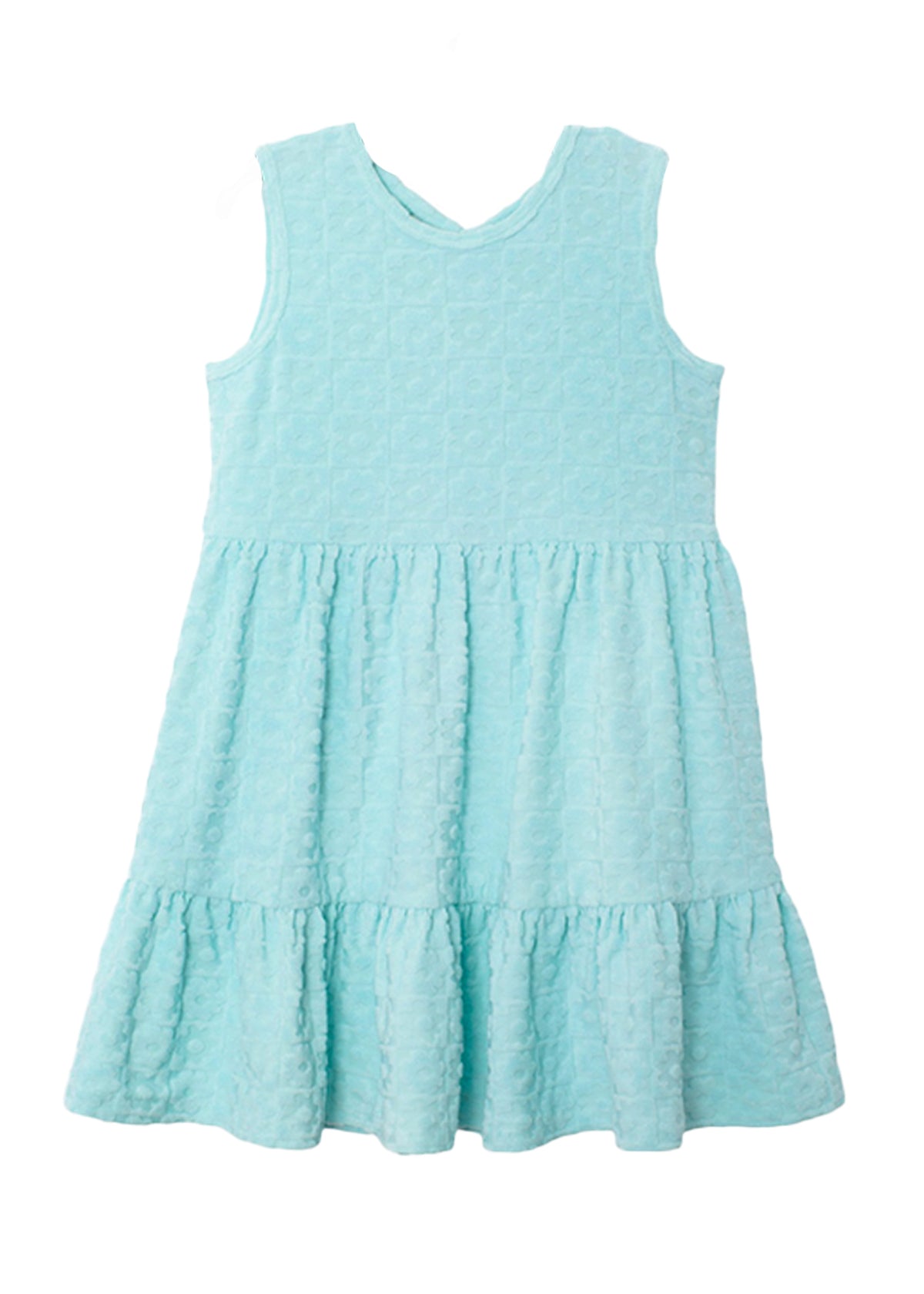 The Queenie Sleeveless Dress by Mabel and Honey features light blue terry cloth with a quilted texture, fitted bodice, and a tiered ruffled skirt—perfect for casual or semi-formal occasions.