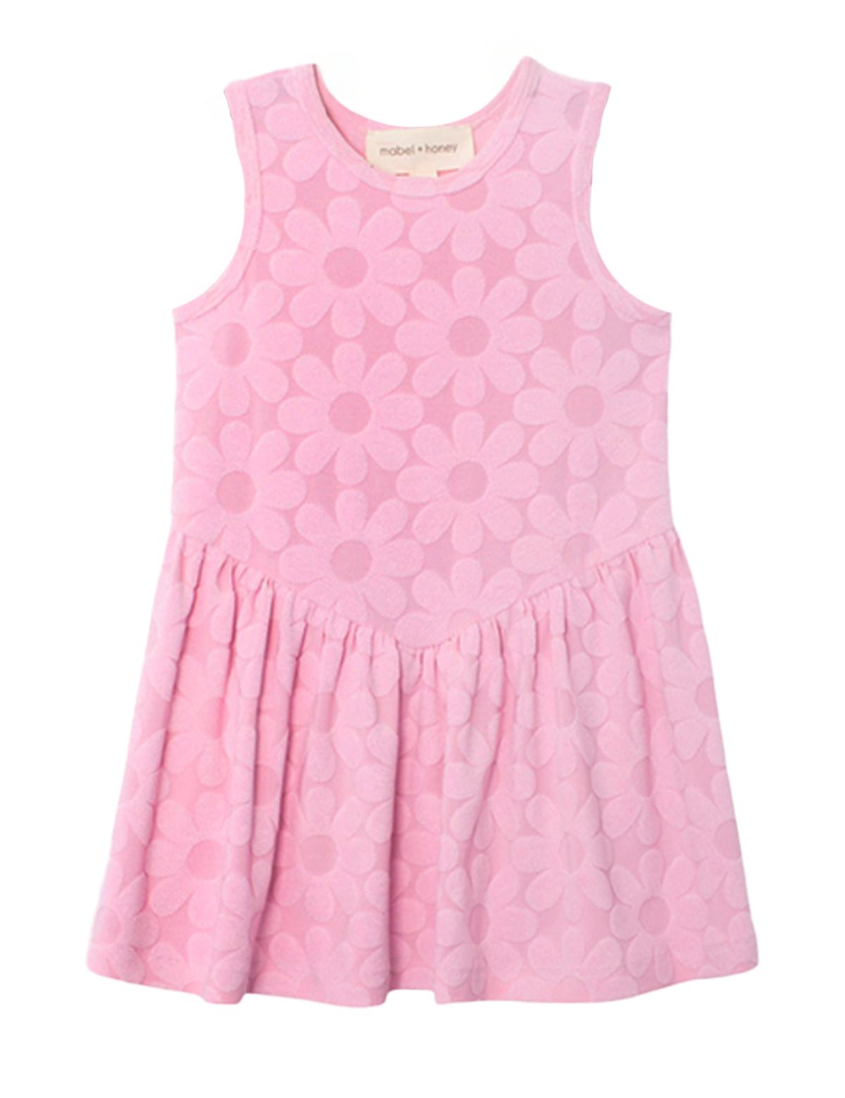 The Mabel and Honey Tilly Short Sleeve Dress is a children's pink dress with a round neckline, gathered skirt, and light pink daisy pattern—perfect for summer outings or as a cute beach cover-up.