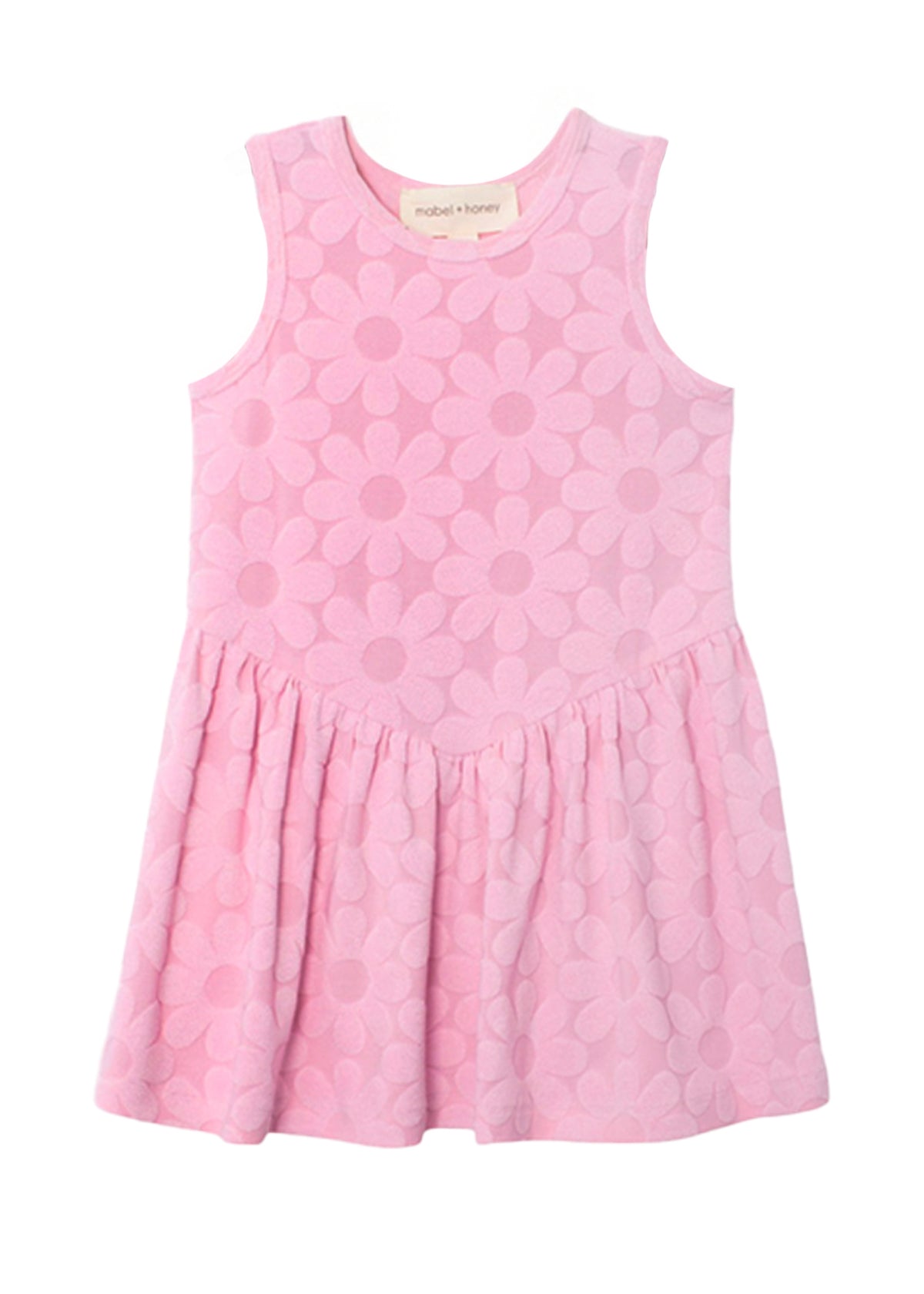 The Mabel and Honey Tilly Short Sleeve Dress is a children's pink dress with a round neckline, gathered skirt, and light pink daisy pattern—perfect for summer outings or as a cute beach cover-up.