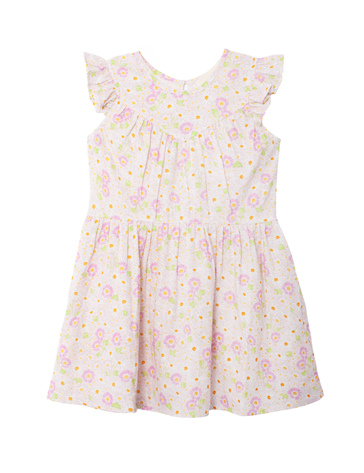 The Sweet Melody Short Flutter Sleeve Dress by Mabel and Honey features light pink floral cotton, pastel yellow and purple accents, ruffled cap sleeves, and a gathered waist for a flared, lightweight, summery look.