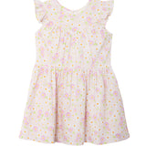 The Sweet Melody Short Flutter Sleeve Dress by Mabel and Honey features light pink floral cotton, pastel yellow and purple accents, ruffled cap sleeves, and a gathered waist for a flared, lightweight, summery look.