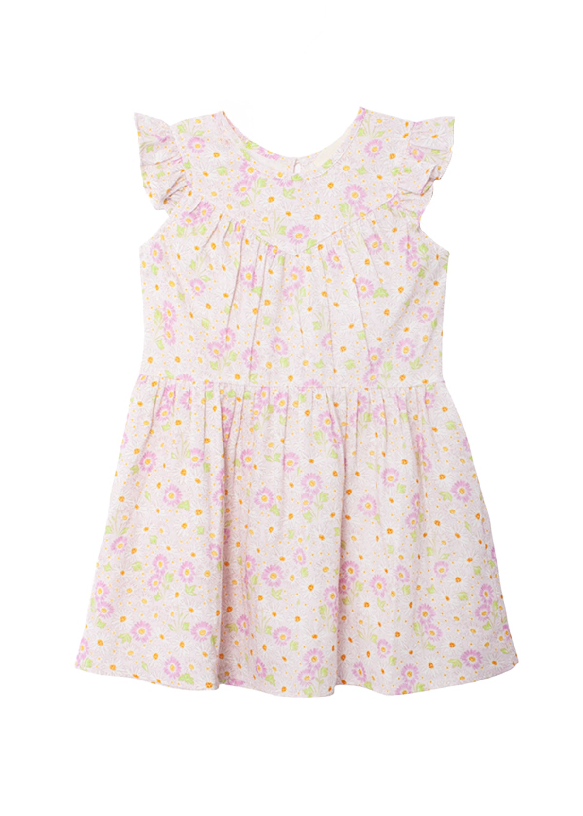 The Sweet Melody Short Flutter Sleeve Dress by Mabel and Honey features light pink floral cotton, pastel yellow and purple accents, ruffled cap sleeves, and a gathered waist for a flared, lightweight, summery look.