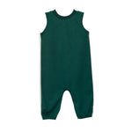 The Beckett and Bear Finn Sleeveless Baby Romper is a green, one-piece outfit featuring white side panels, elasticized ankles, and durable knit fabric, shown laid flat on a white background.