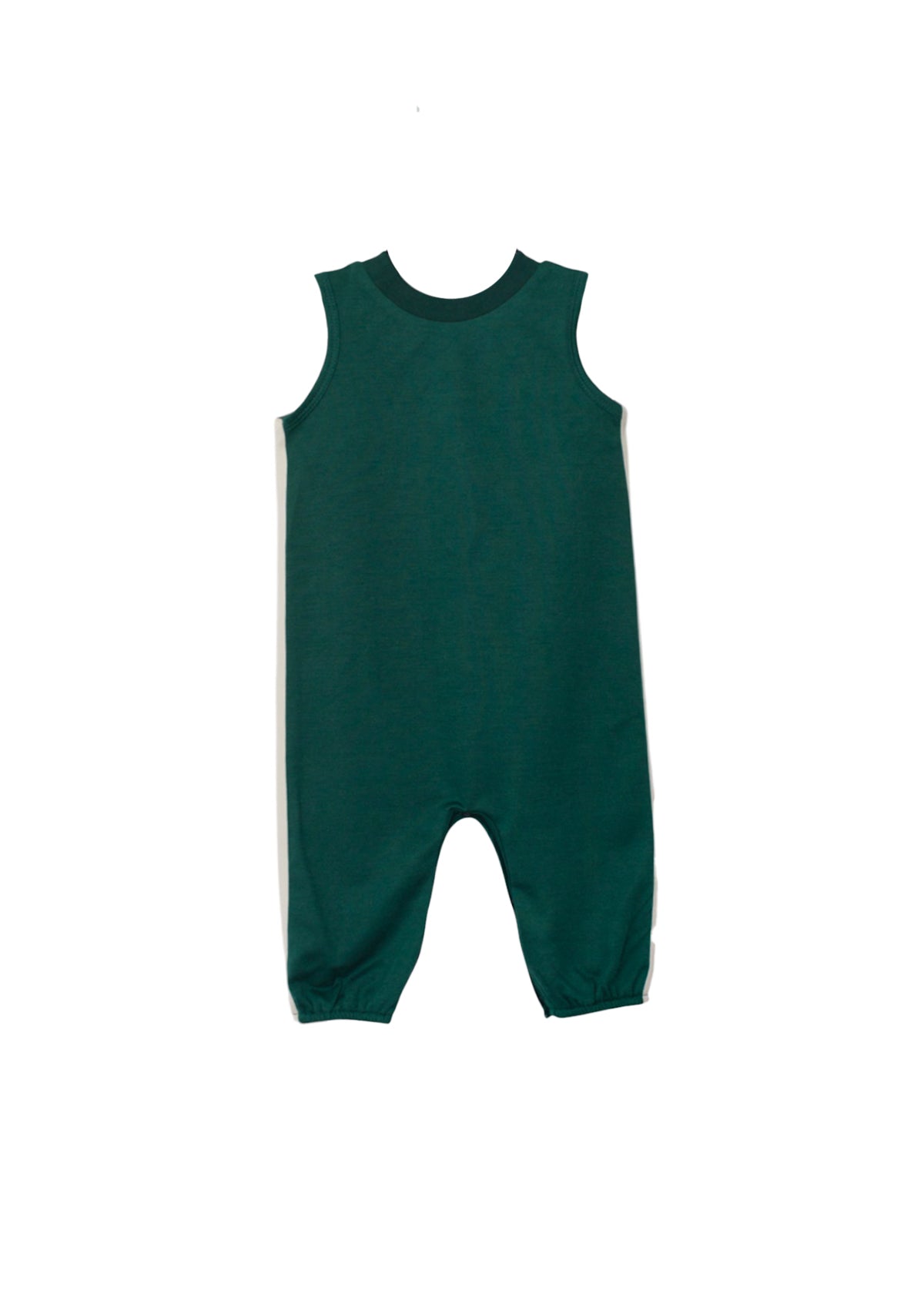 The Beckett and Bear Finn Sleeveless Baby Romper is a green, one-piece outfit featuring white side panels, elasticized ankles, and durable knit fabric, shown laid flat on a white background.
