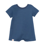 The Beckett and Bear Knox Short Sleeve Romper is a soft knit, dark blue one-piece for toddlers with short sleeves, a round neckline, and a small white tag at the hem, shown on a white background.