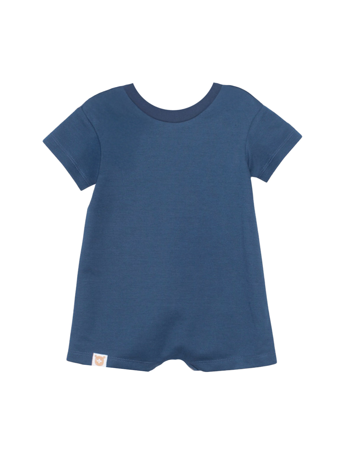 The Beckett and Bear Knox Short Sleeve Romper is a soft knit, dark blue one-piece for toddlers with short sleeves, a round neckline, and a small white tag at the hem, shown on a white background.