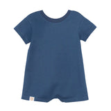 The Beckett and Bear Knox Short Sleeve Romper is a soft knit, dark blue one-piece for toddlers with short sleeves, a round neckline, and a small white tag at the hem, shown on a white background.