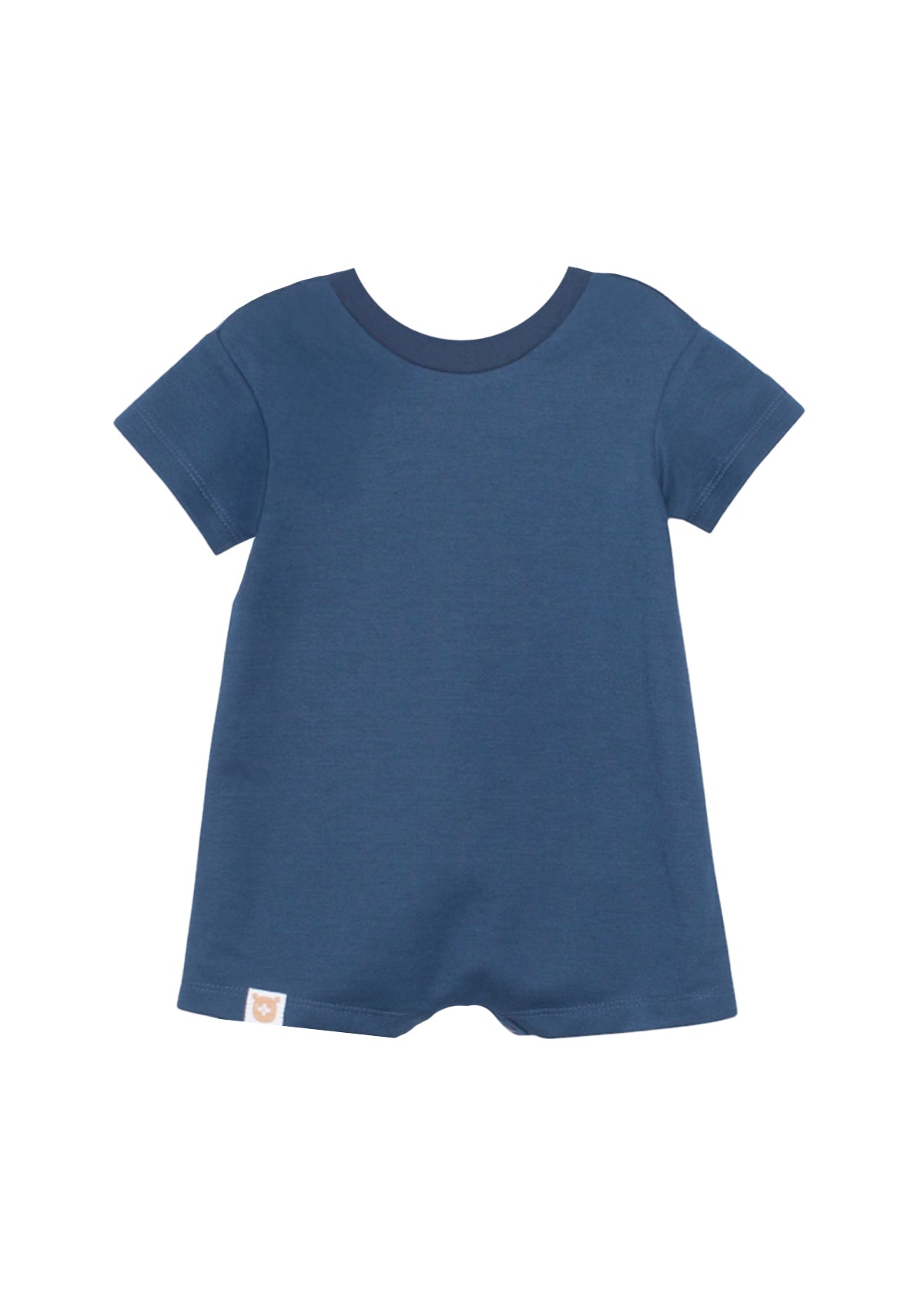 The Beckett and Bear Knox Short Sleeve Romper is a soft knit, dark blue one-piece for toddlers with short sleeves, a round neckline, and a small white tag at the hem, shown on a white background.