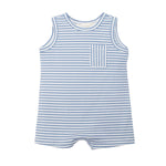 The Beckett and Bear Eli Sleeveless Romper is a soft, comfy ribbed knit one-piece for babies with light blue and white stripes, a round neckline, short legs, and a striped chest pocket.