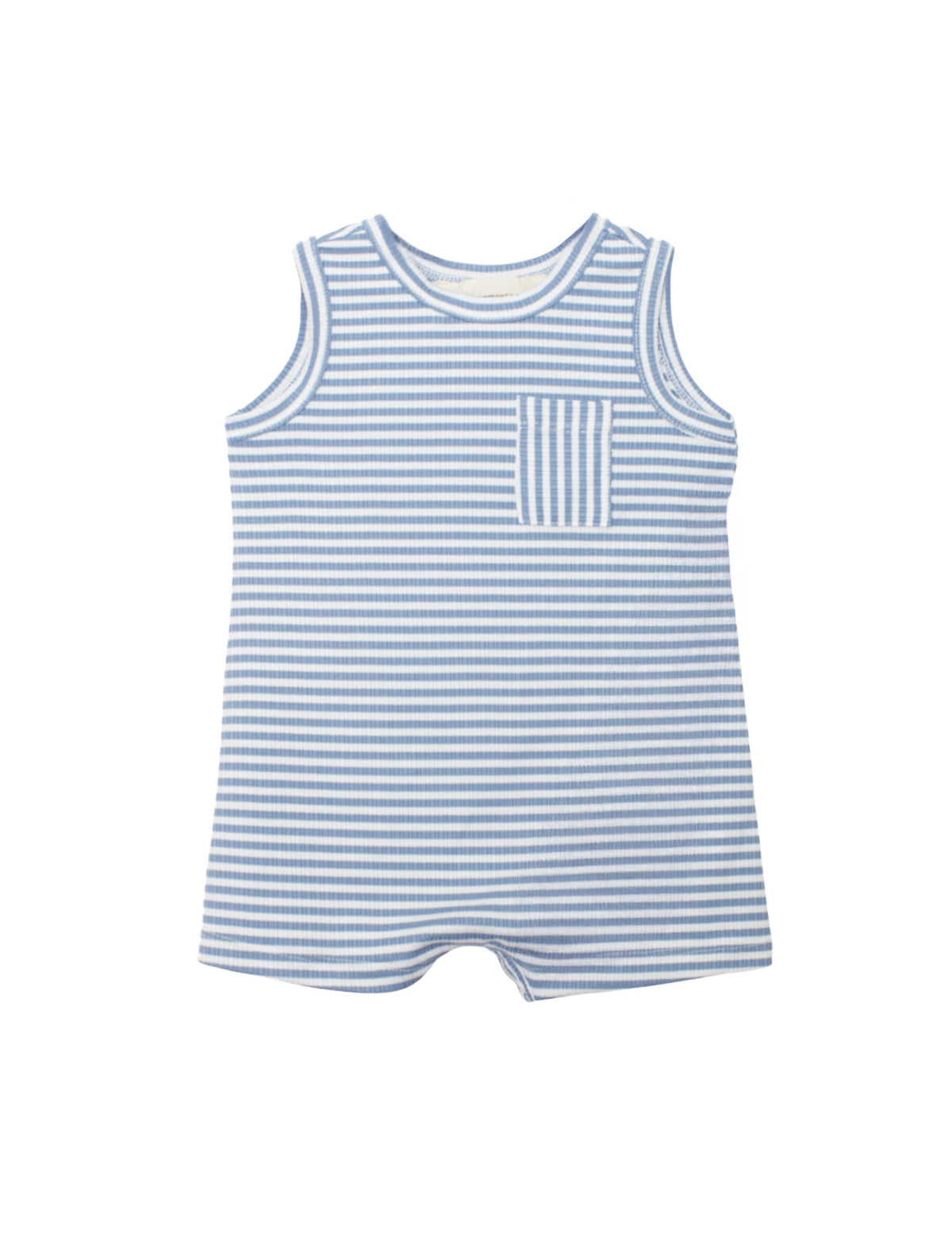 The Beckett and Bear Eli Sleeveless Romper is a soft, comfy ribbed knit one-piece for babies with light blue and white stripes, a round neckline, short legs, and a striped chest pocket.