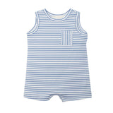 The Beckett and Bear Eli Sleeveless Romper is a soft, comfy ribbed knit one-piece for babies with light blue and white stripes, a round neckline, short legs, and a striped chest pocket.