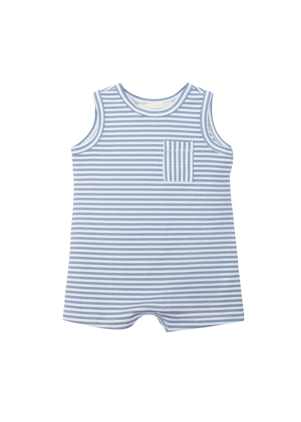 The Beckett and Bear Eli Sleeveless Romper is a soft, comfy ribbed knit one-piece for babies with light blue and white stripes, a round neckline, short legs, and a striped chest pocket.
