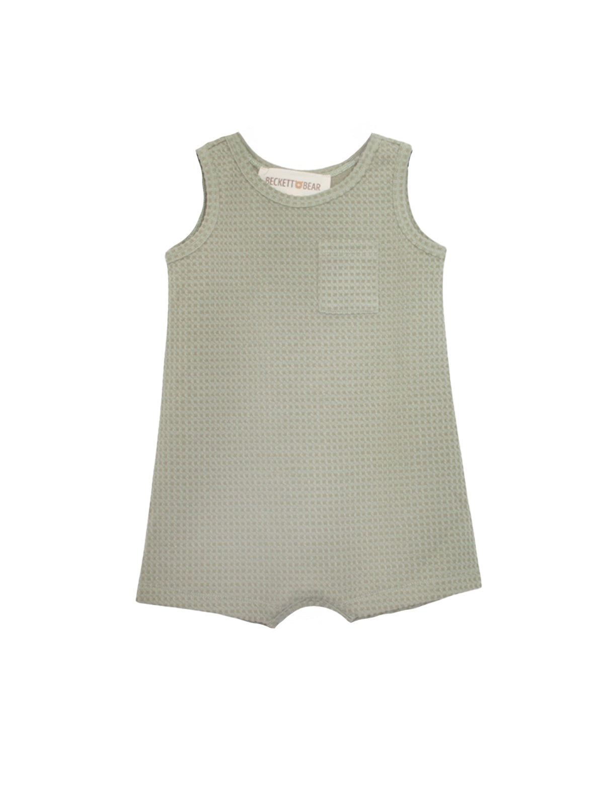 The Beckett and Bear Russell Sleeveless Romper is a light sage green, waffle-knit baby boy romper with a small chest pocket and short legs, shown laid flat on a white background.