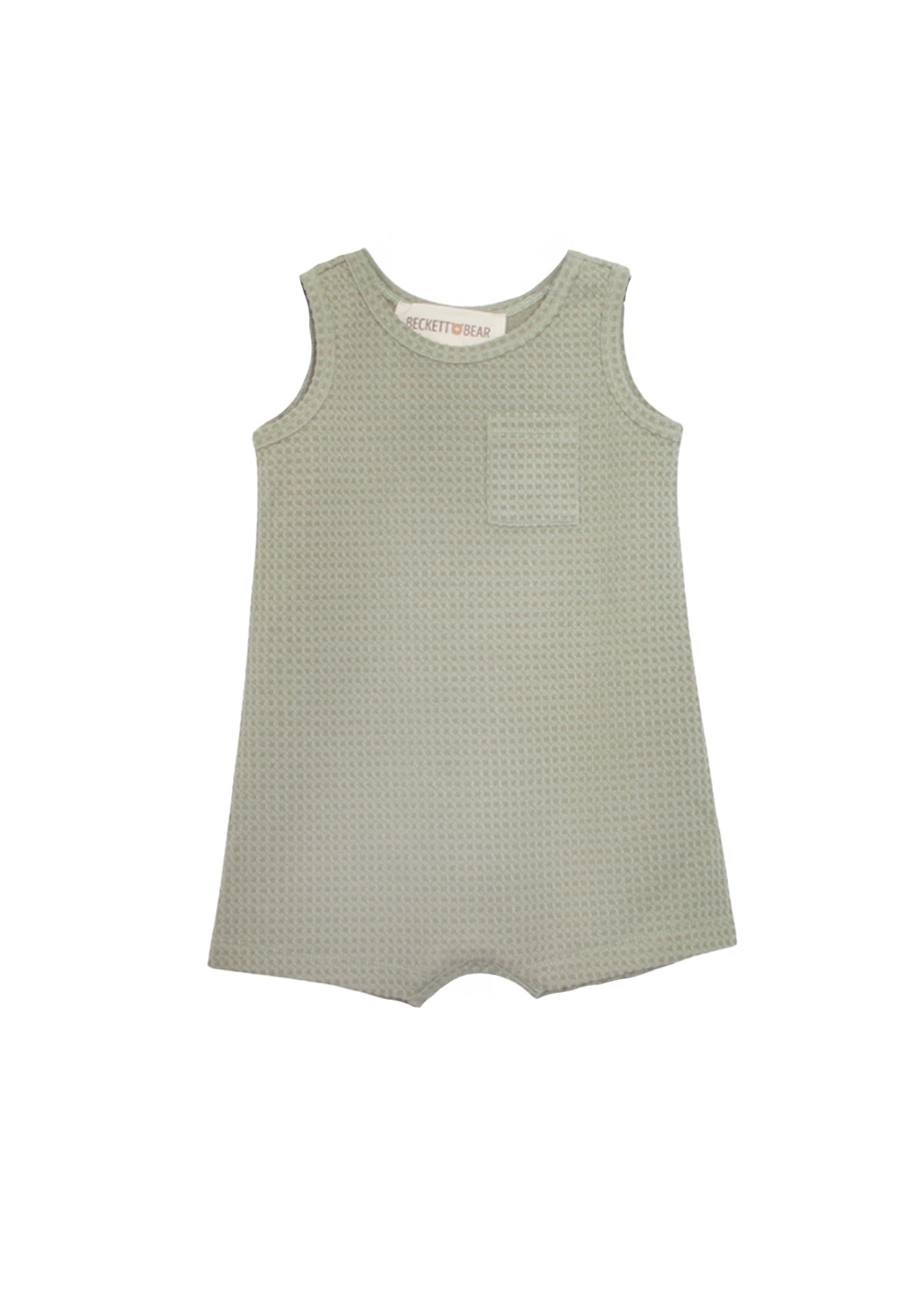 The Beckett and Bear Russell Sleeveless Romper is a light sage green, waffle-knit baby boy romper with a small chest pocket and short legs, shown laid flat on a white background.
