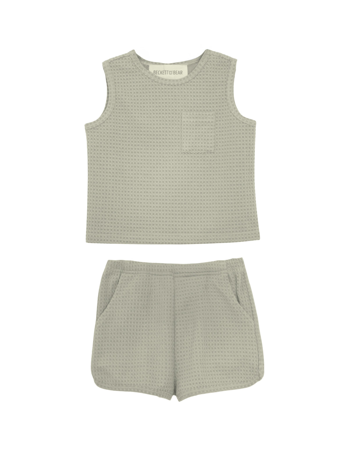 The Russell Sleeveless Two Piece Set by Beckett and Bear features a light grey waffle-knit top with a chest pocket and matching shorts with an elastic waistband and side pockets, displayed on a white background.