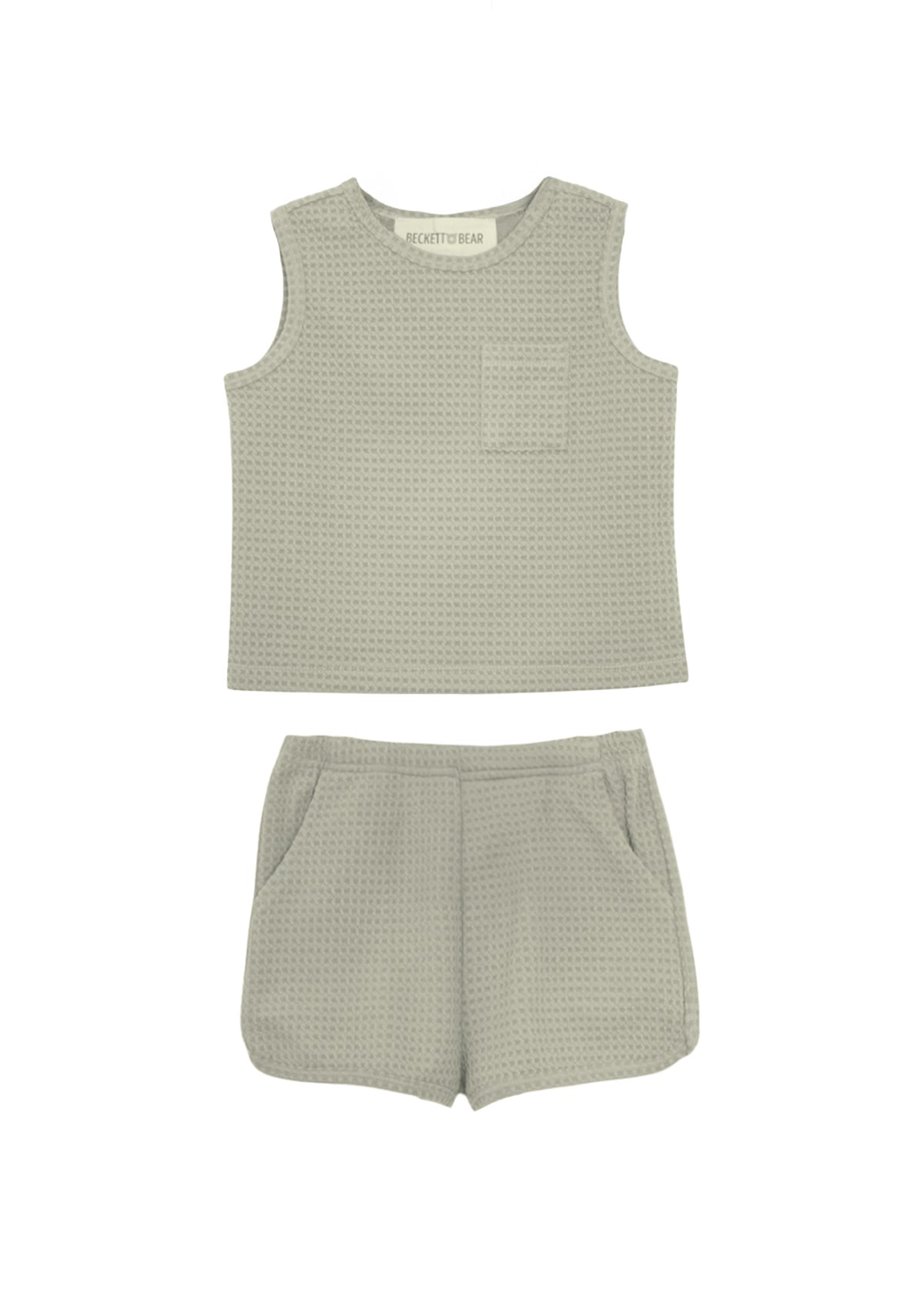 The Russell Sleeveless Two Piece Set by Beckett and Bear features a light grey waffle-knit top with a chest pocket and matching shorts with an elastic waistband and side pockets, displayed on a white background.