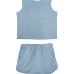 The Beckett and Bear Caleb Sleeveless Two Piece Set features a matching light blue ribbed tank top with a chest pocket and shorts with side pockets, both displayed flat on a white background.