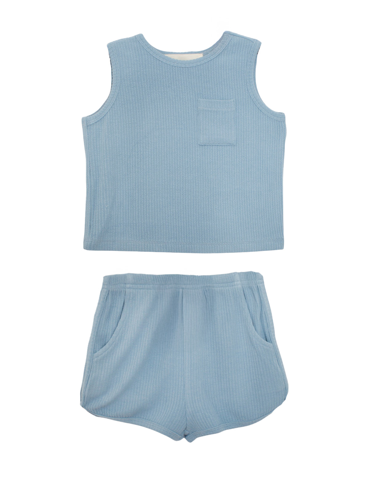 The Beckett and Bear Caleb Sleeveless Two Piece Set features a matching light blue ribbed tank top with a chest pocket and shorts with side pockets, both displayed flat on a white background.