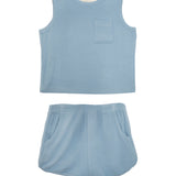 The Beckett and Bear Caleb Sleeveless Two Piece Set features a matching light blue ribbed tank top with a chest pocket and shorts with side pockets, both displayed flat on a white background.