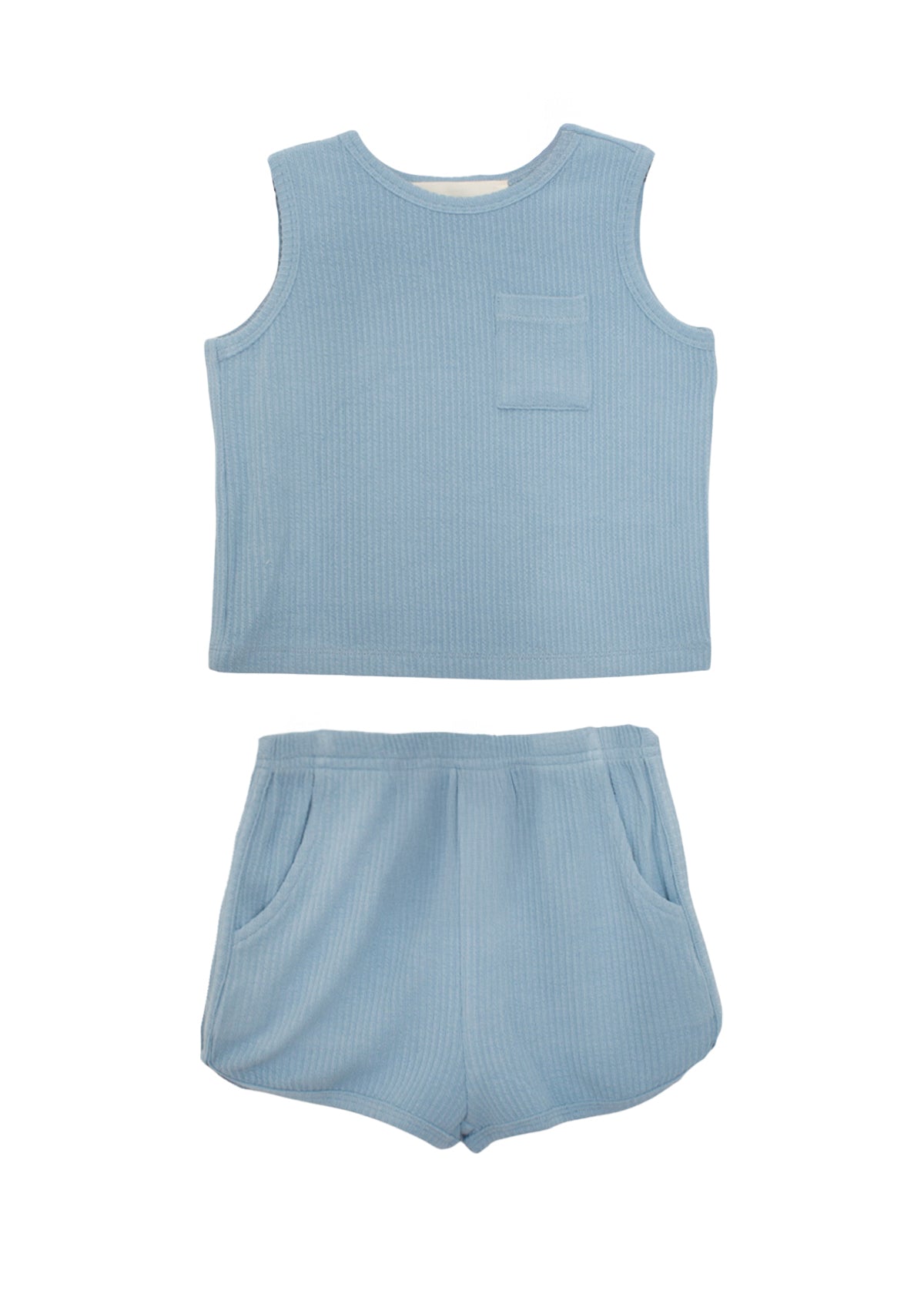 The Beckett and Bear Caleb Sleeveless Two Piece Set features a matching light blue ribbed tank top with a chest pocket and shorts with side pockets, both displayed flat on a white background.