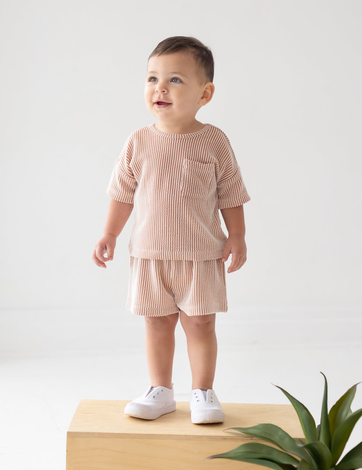 A toddler stands indoors on a wooden block, wearing the Beckett and Bear Bear Short Sleeve Two Piece Set in light pink with white slip-on shoes. A green potted plant sits in the lower right corner against a white background.