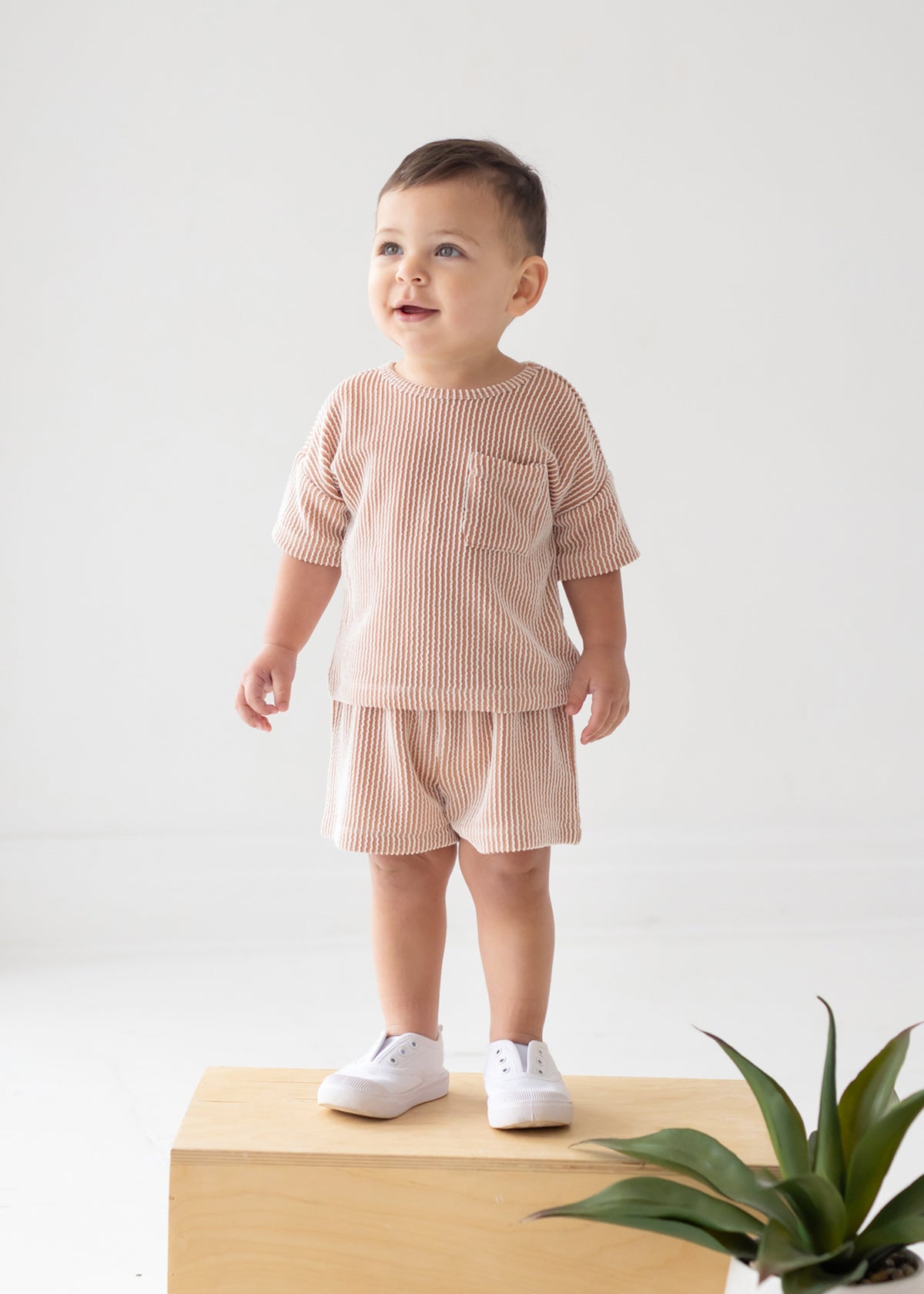 A toddler stands indoors on a wooden block, wearing the Beckett and Bear Bear Short Sleeve Two Piece Set in light pink with white slip-on shoes. A green potted plant sits in the lower right corner against a white background.