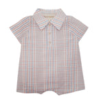 The Sawyer Short Sleeve Romper by Beckett and Bear is a cotton baby romper with a collar, front buttons, and a pastel plaid design in blue, pink, and white.