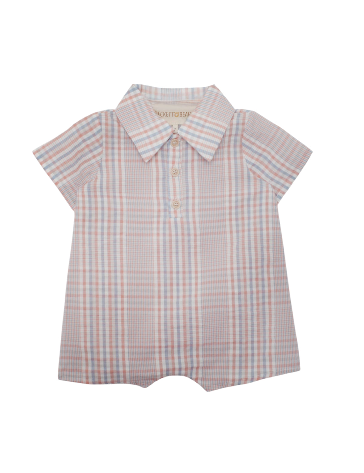 The Sawyer Short Sleeve Romper by Beckett and Bear is a cotton baby romper with a collar, front buttons, and a pastel plaid design in blue, pink, and white.