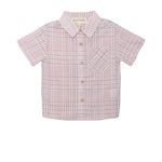 The Beckett and Bear Sawyer Short Sleeve Top is a boys' cotton shirt with pink, blue, and white checks, featuring short sleeves, a classic collar, and a front chest pocket—perfect for any occasion.