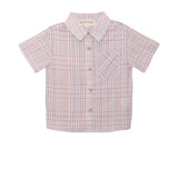 The Beckett and Bear Sawyer Short Sleeve Top is a boys' cotton shirt with pink, blue, and white checks, featuring short sleeves, a classic collar, and a front chest pocket—perfect for any occasion.