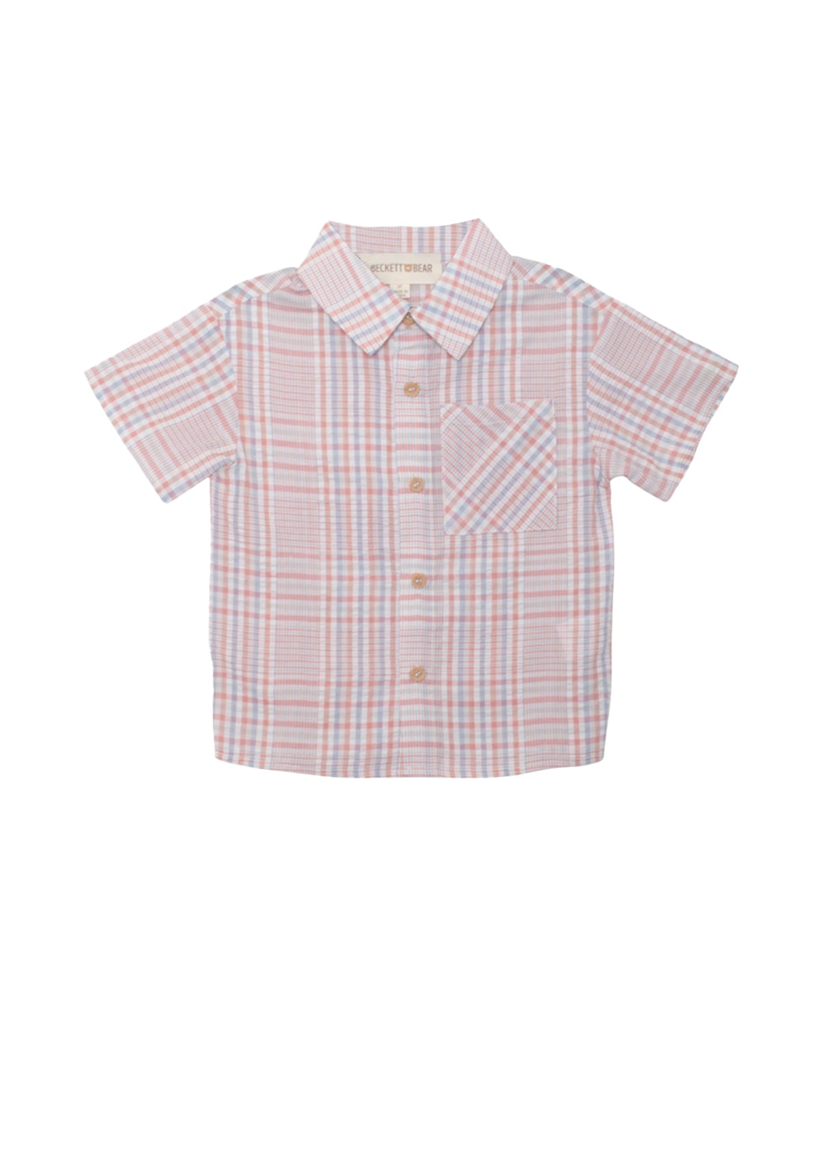 The Beckett and Bear Sawyer Short Sleeve Top is a boys' cotton shirt with pink, blue, and white checks, featuring short sleeves, a classic collar, and a front chest pocket—perfect for any occasion.
